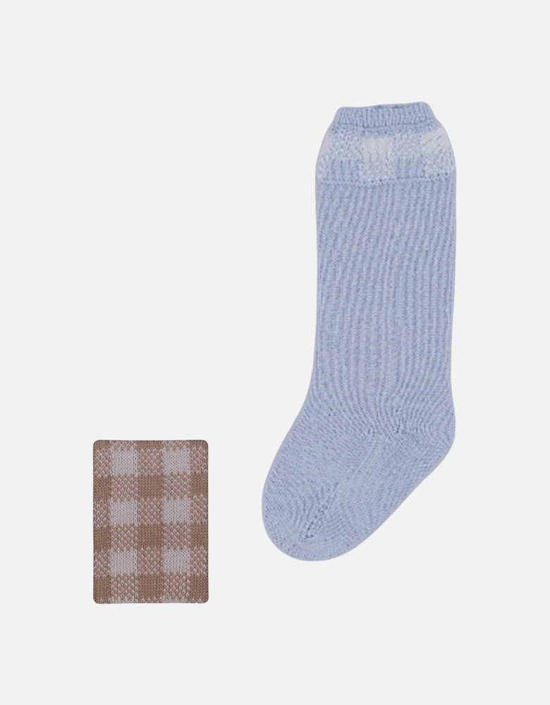 Boys Camel Gingham Knit Knee Socks