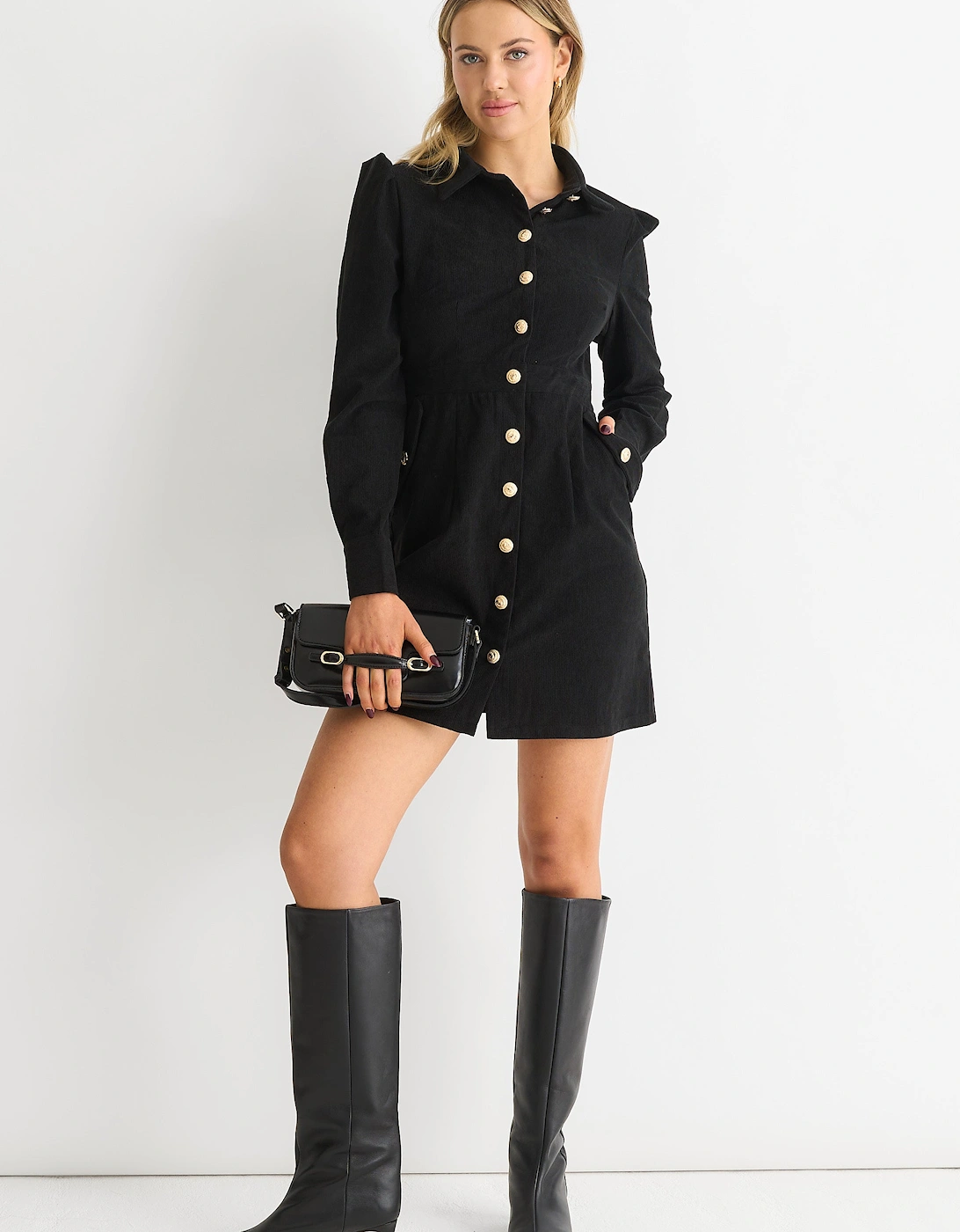 Gini London Women's Black Corduroy Mini Shirt Dress - Size: 16