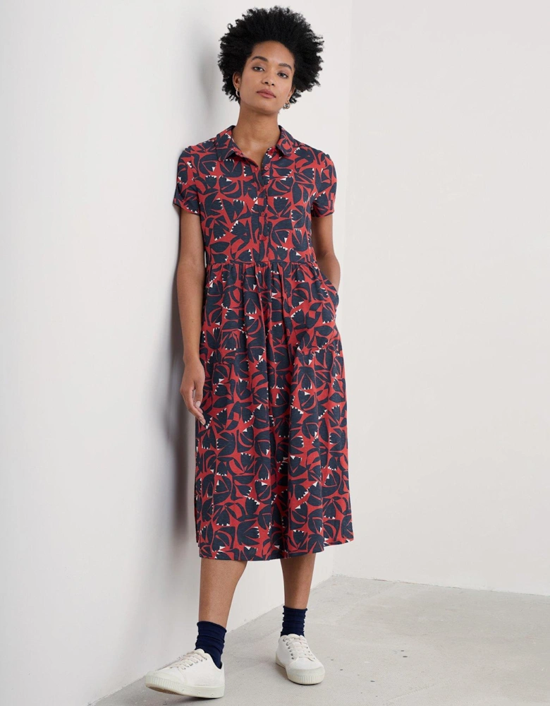 Floral Jersey Shirt Dress - Red