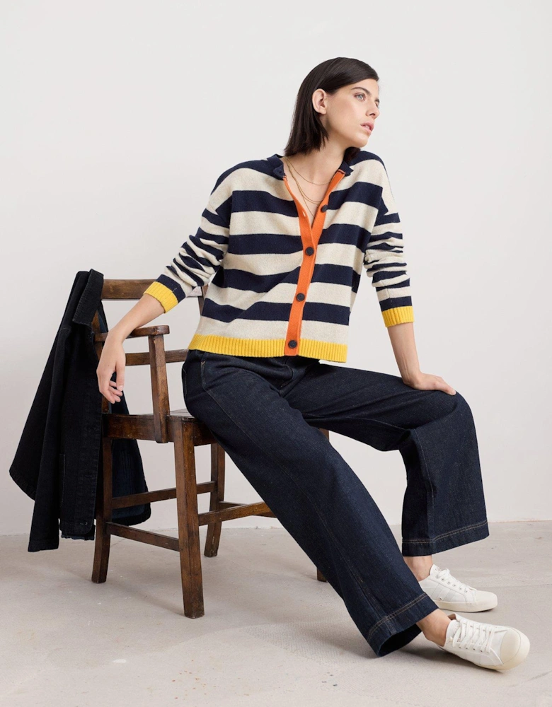 Pinwell Stripe Lambswool Cardigan - Navy