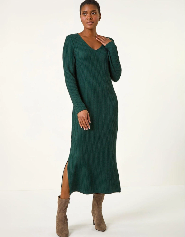 Wave Textured V-neck Stretch Midi Dress - Green