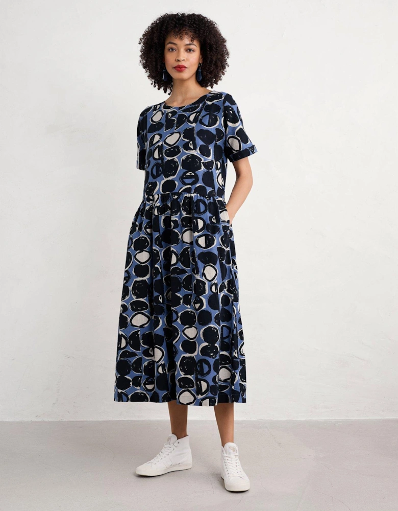 Drop Waist Printed Shift Dress - Navy