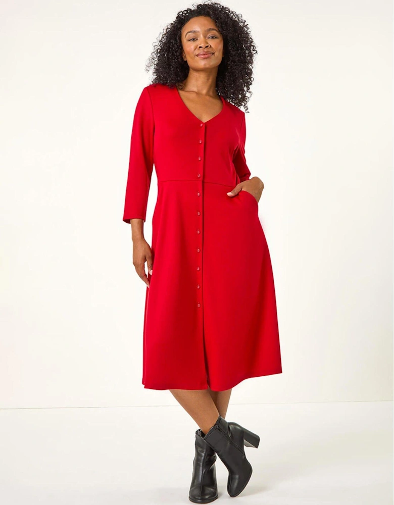 Petite V-neck Button Detail Stretch Dress - Red