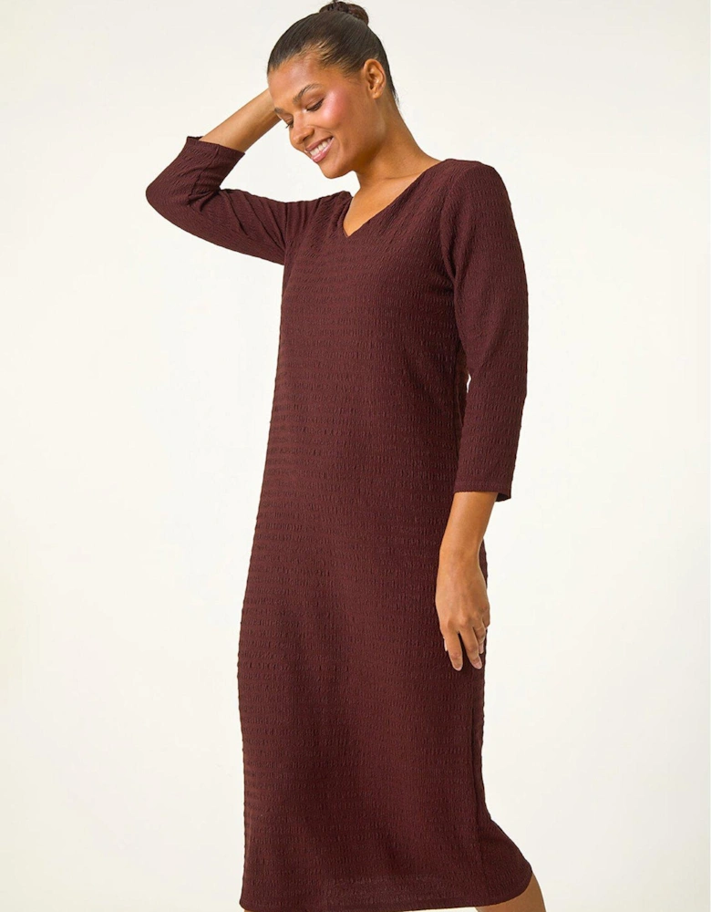 Textured V-neck Stretch A-line Dress - Brown