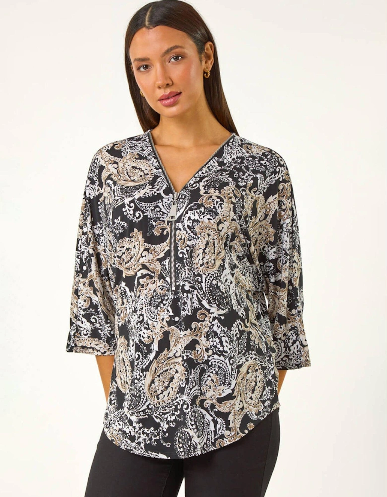 Abstract Print Zip Top - Beige