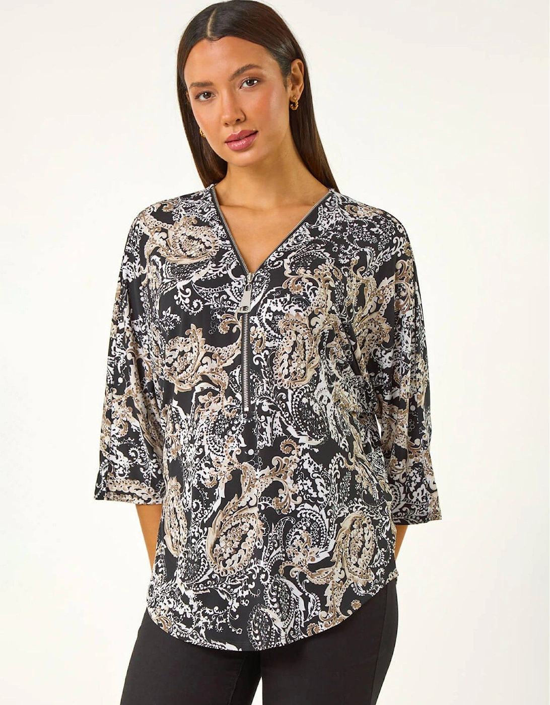 Abstract Print Zip Top - Beige, 2 of 1