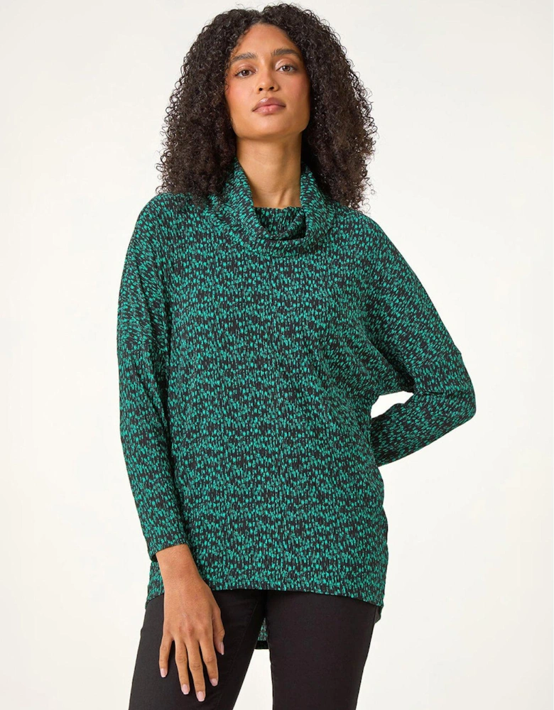 Print Relaxed Cowl Neck Tunic Top - Green