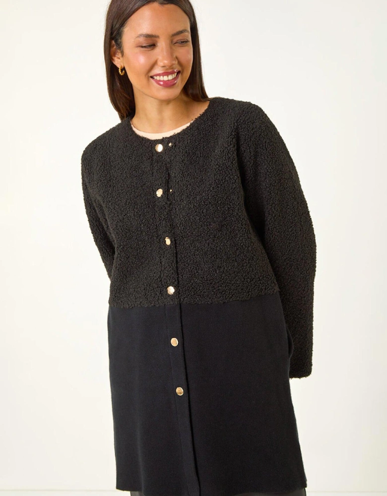 Collarless Contrast Button Knit Jacket - Black