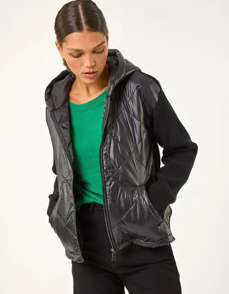 Diamond Quilted Hooded Mix Jacket - Black