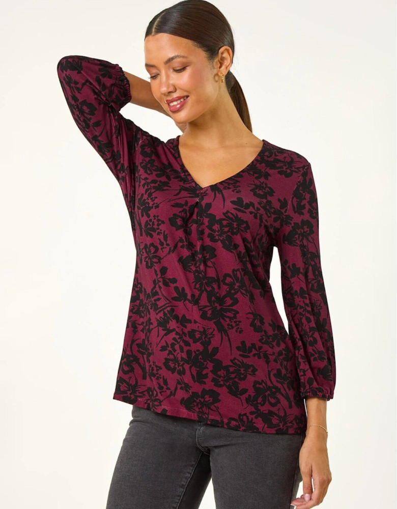 Floral Pleat Front Top - Wine