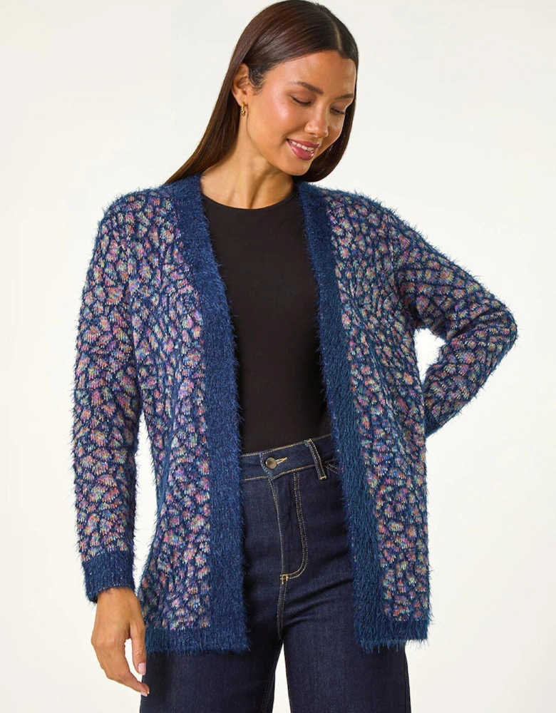 Mosaic Print Fluffy Longline Cardigan - Blue