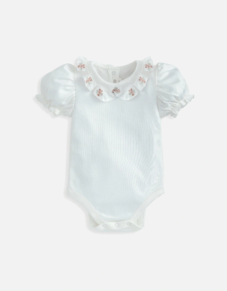 Baby Girls Embroidered Collar Frill Bodysuit - White