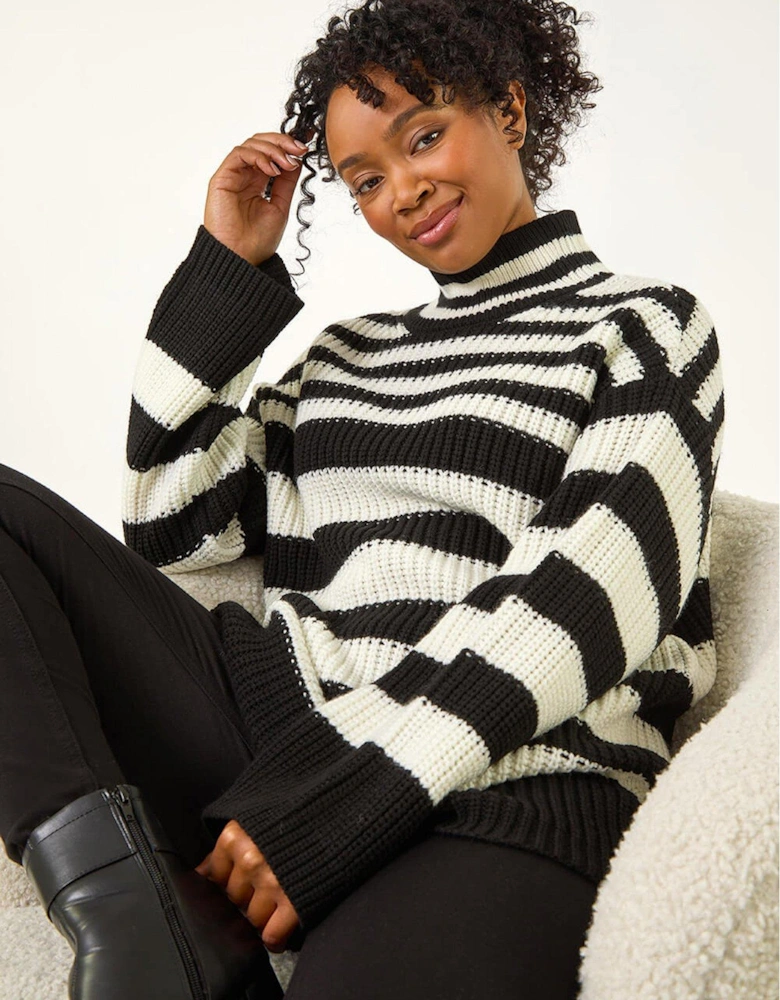 Petite Stripe High Neck Jumper - Black