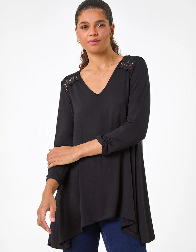 Floral Print Crochet Tunic Stretch Top - Black