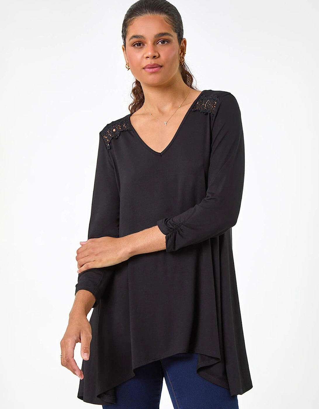 Floral Print Crochet Tunic Stretch Top - Black, 2 of 1