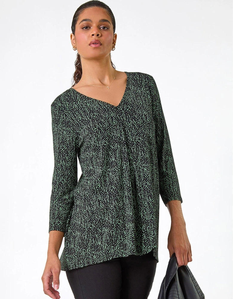 Spot Print Pleat Front Tunic Top - Green