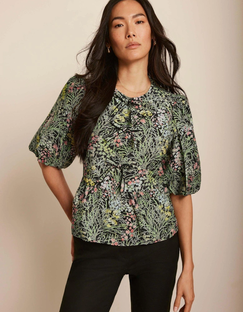 Green Floral Print Tie Top - Black