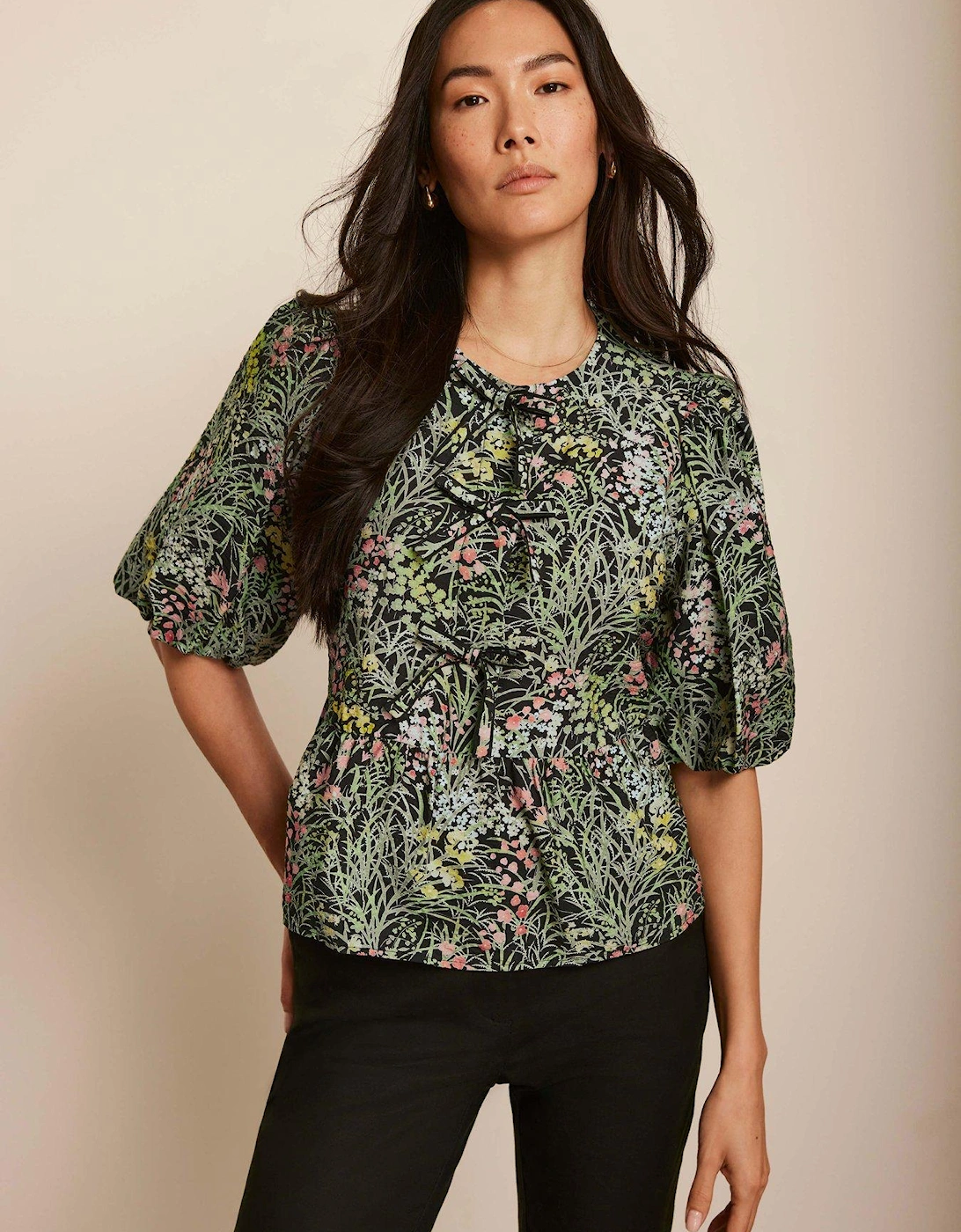 Green Floral Print Tie Top - Black, 2 of 1