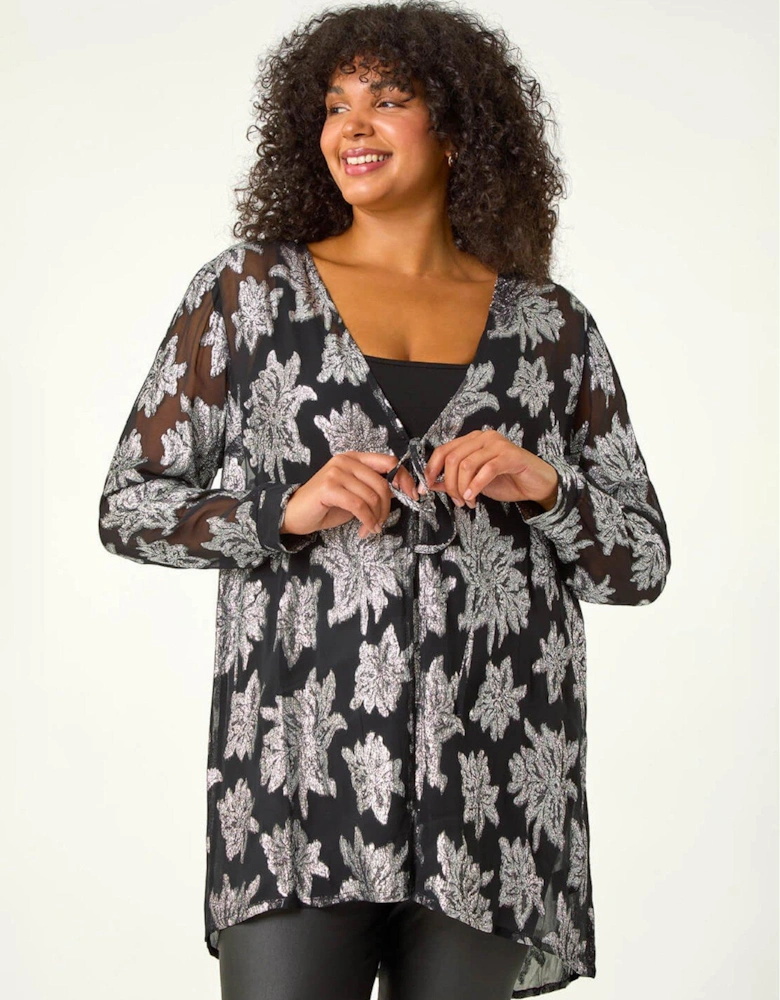 Curve Foil Print Tie Front Top - Silver