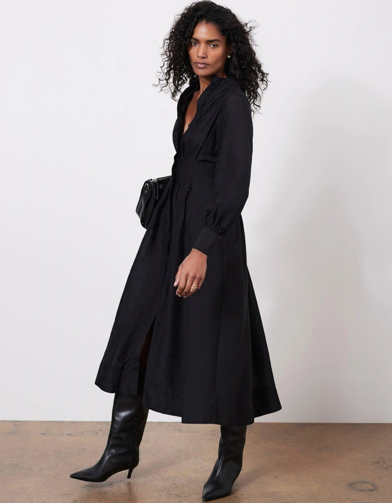 Pleated Midi Shirt Dress - Black