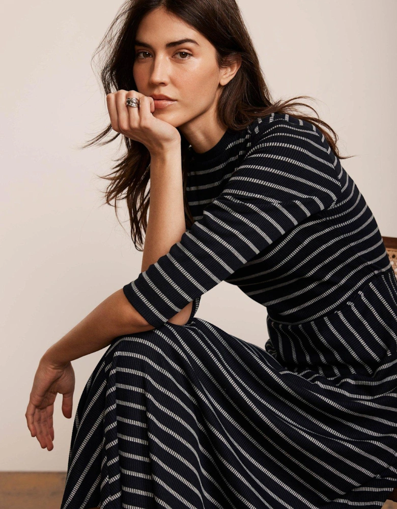 Navy Stripe Jersey Midi Dress - Blue