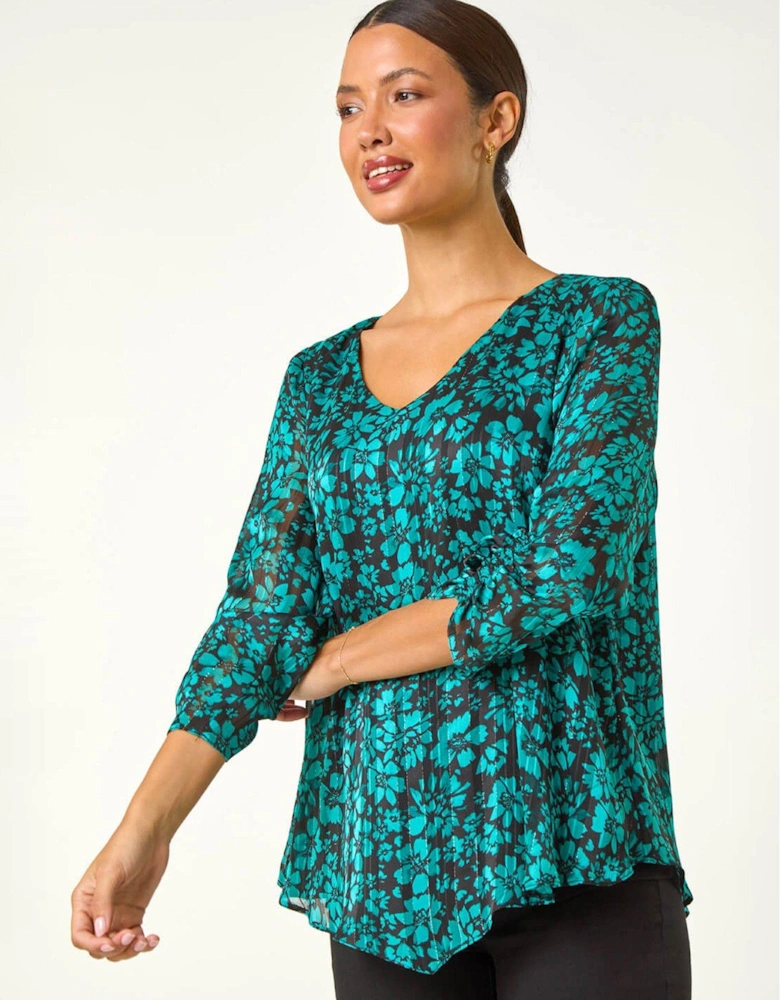 Metallic Floral Print Overlay Top - Teal