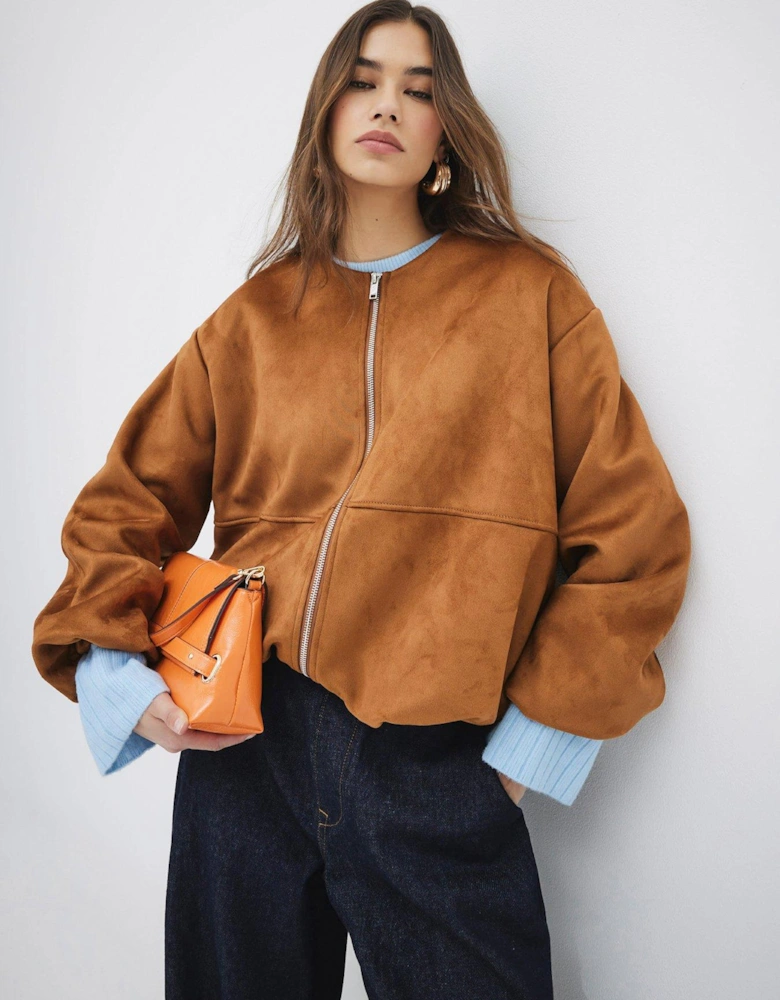 Suedette Bubble Hem Bomber Jacket - Brown
