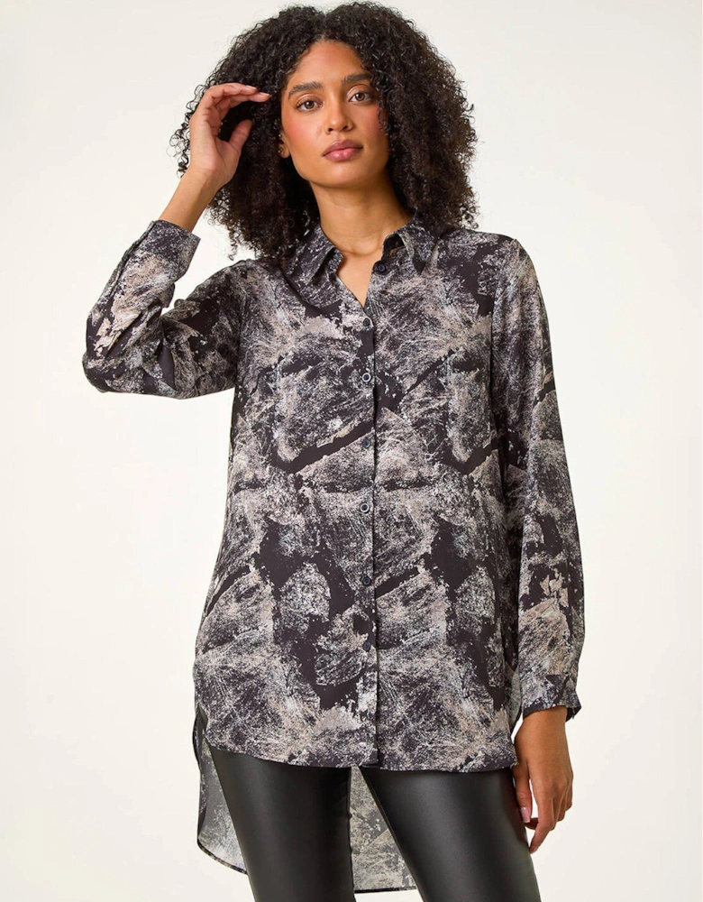 Abstract Print Collar Button Detail Blouse - Black