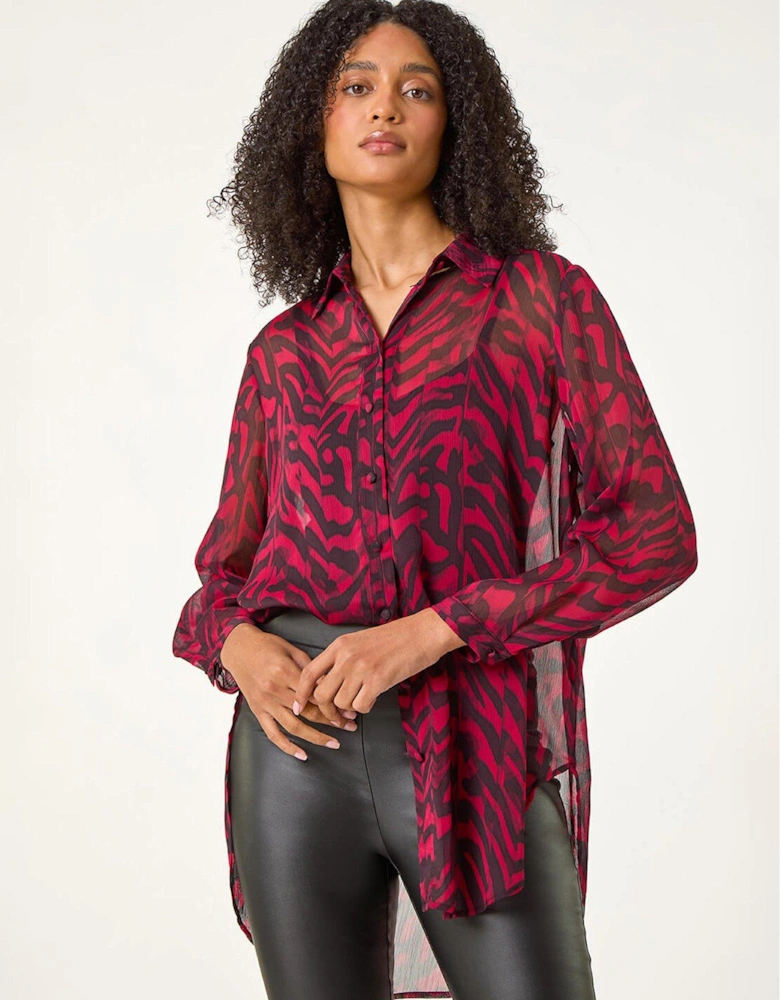 Collared Animal Print Blouse - Red