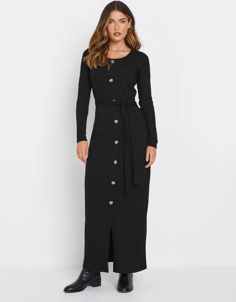 Tall Long Sleeve Ribbed Button Maxi Dress - Black