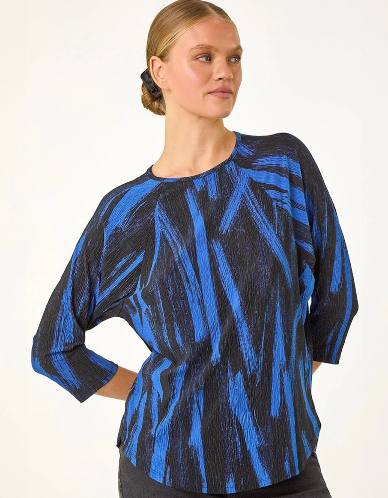 Abstract Print Plisse Stretch Top - Royal Blue