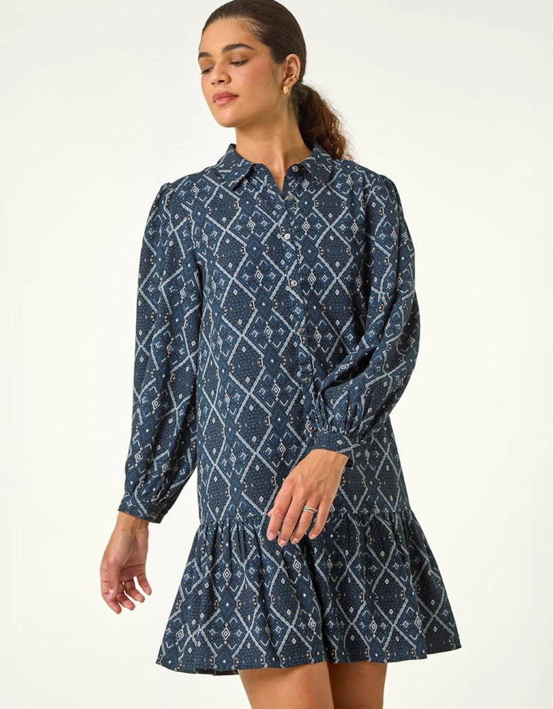 Geometric Print Button Detail Shirt Dress - Blue