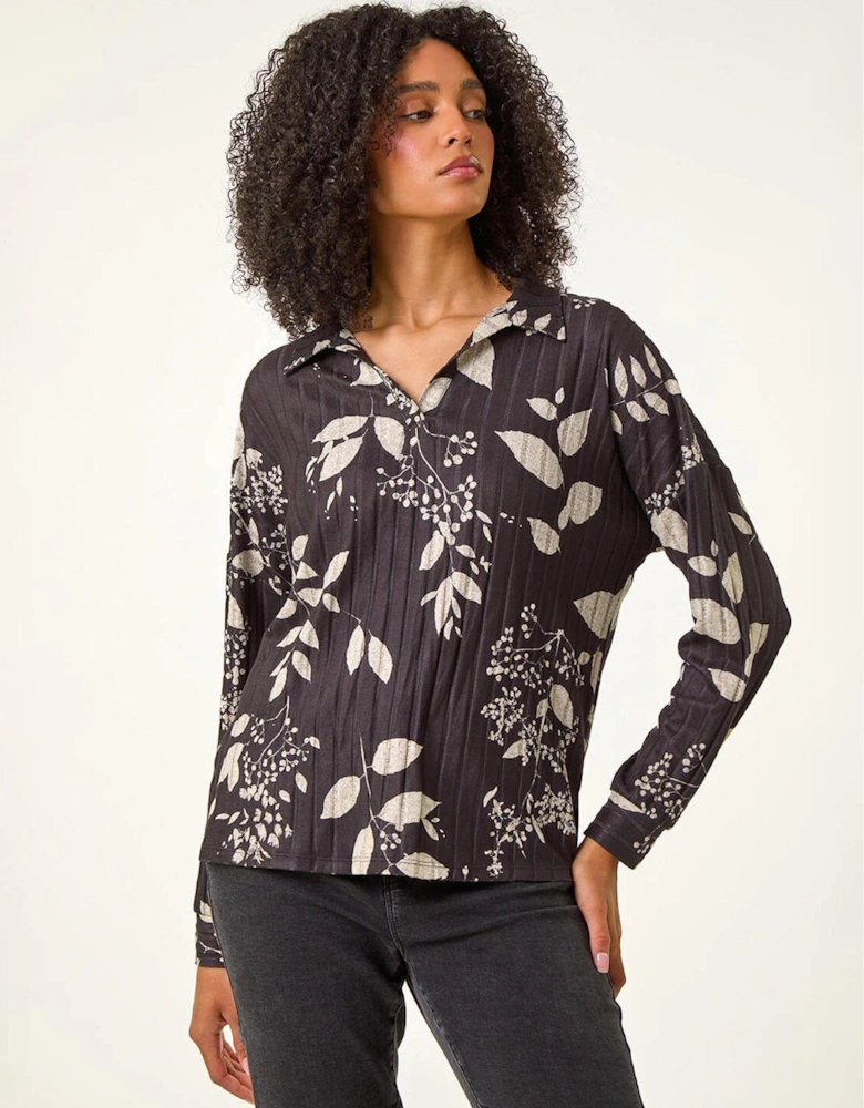 Mono Floral Collared Top - Dark Grey