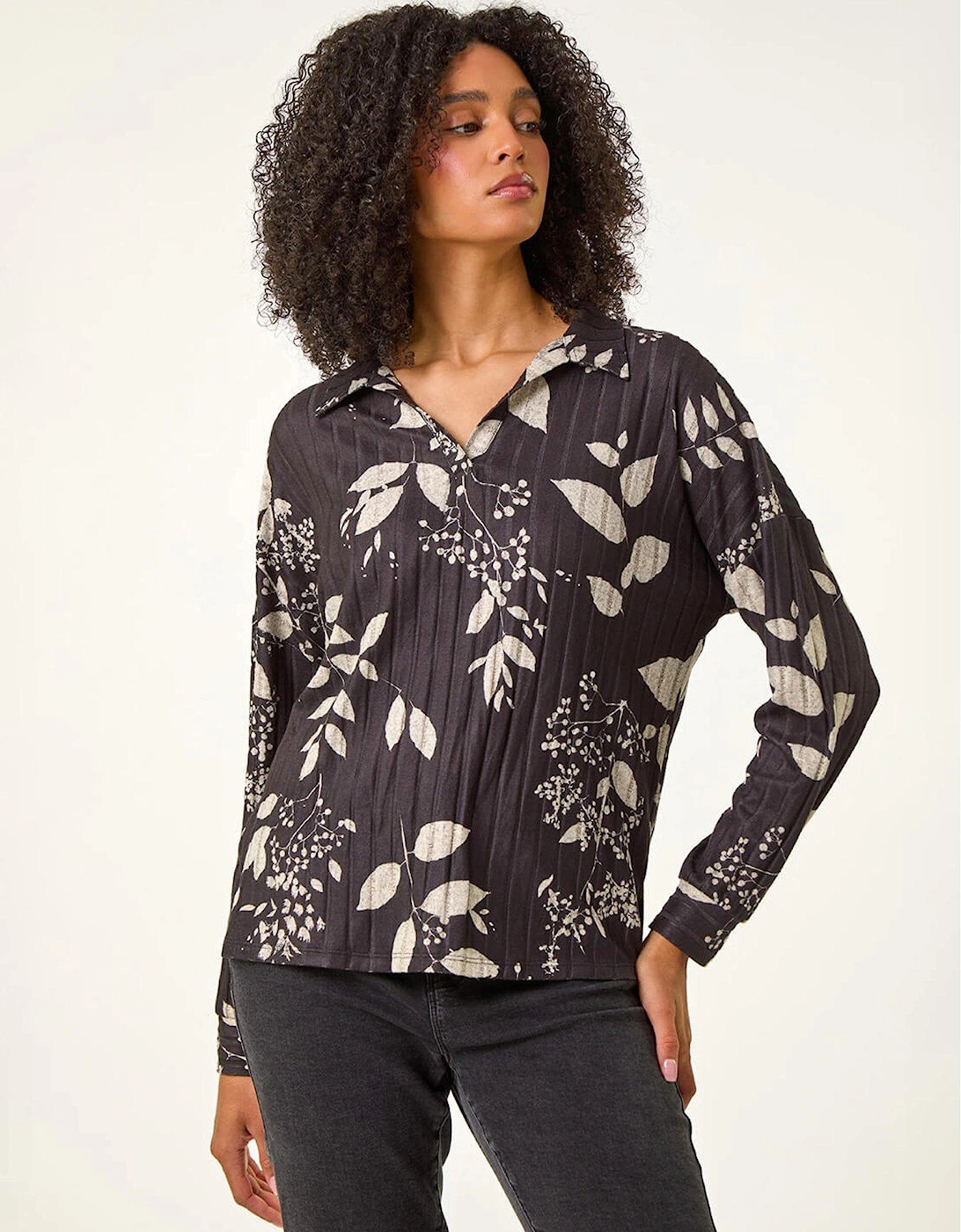 Mono Floral Collared Top - Dark Grey, 2 of 1