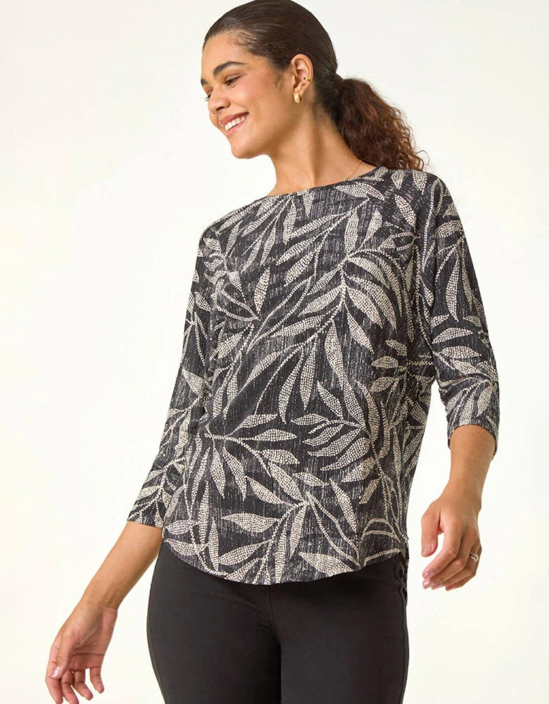 Leaf Print Plisse Stretch Top - Stone