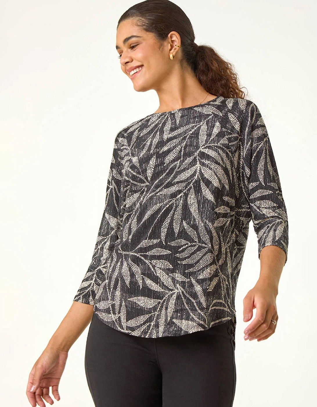 Leaf Print Plisse Stretch Top - Stone, 2 of 1