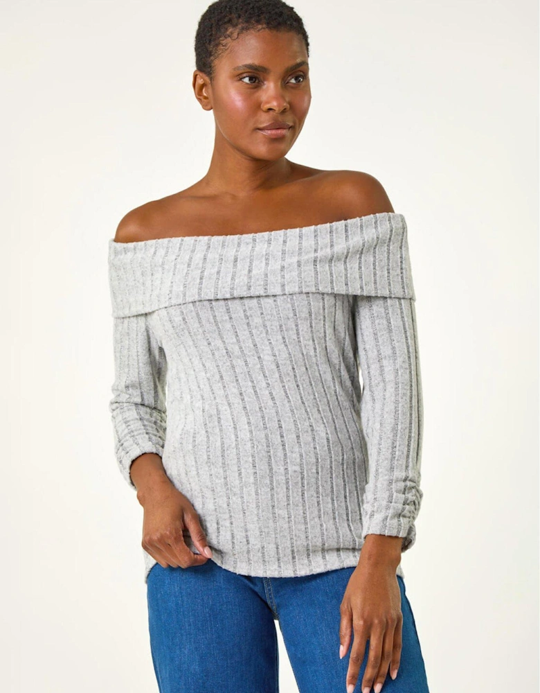 Soft Ribbed Bardot Stretch Top - Light Grey