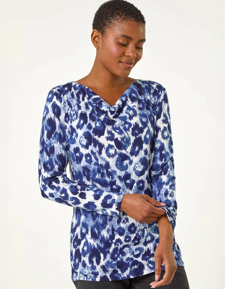 Animal Print Cowl Neck Tunic Top - Navy