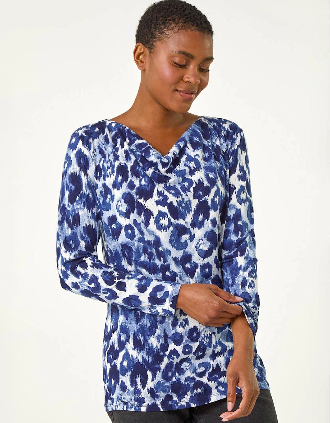 Animal Print Cowl Neck Tunic Top - Navy, 2 of 1