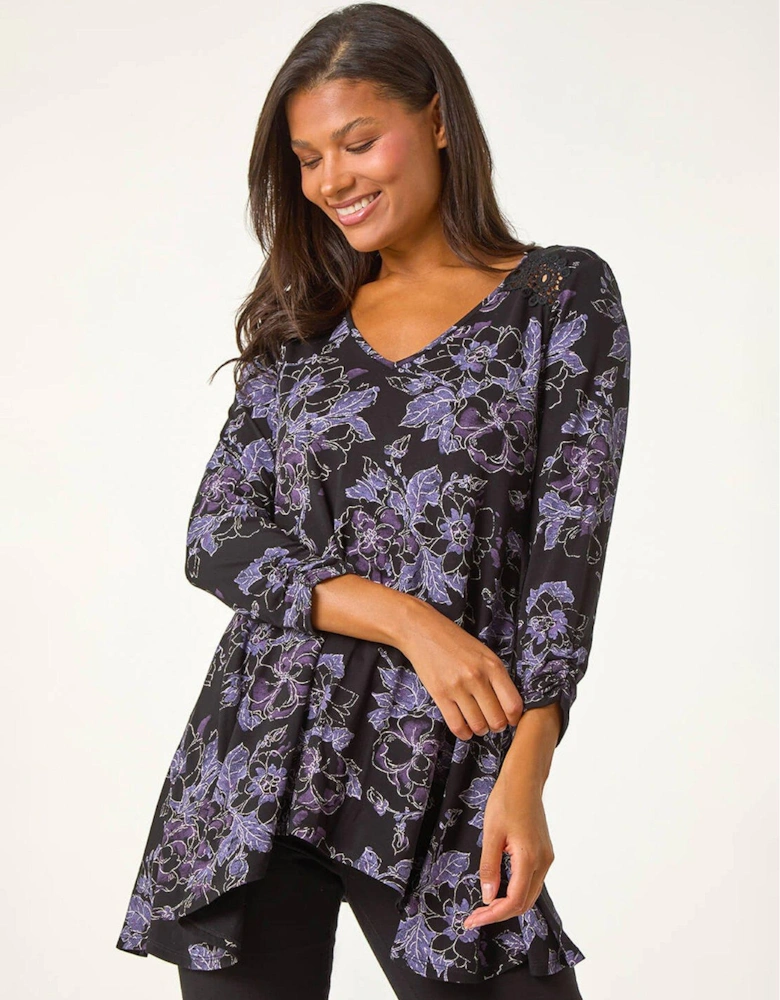 Crochet Trim Floral Print Top - Purple