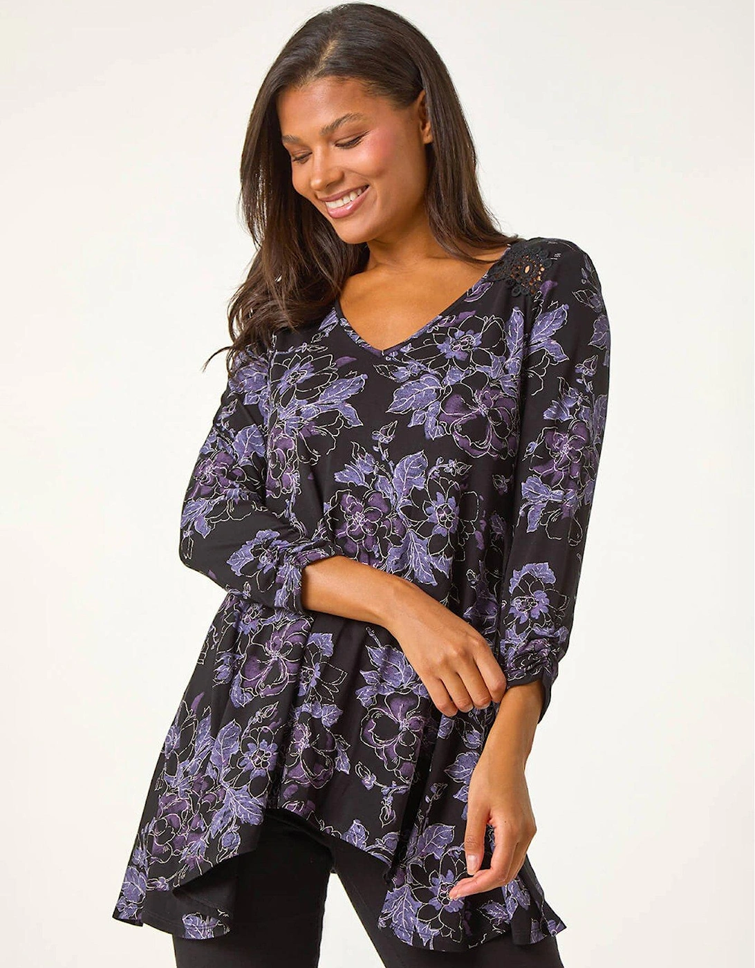 Crochet Trim Floral Print Top - Purple, 2 of 1