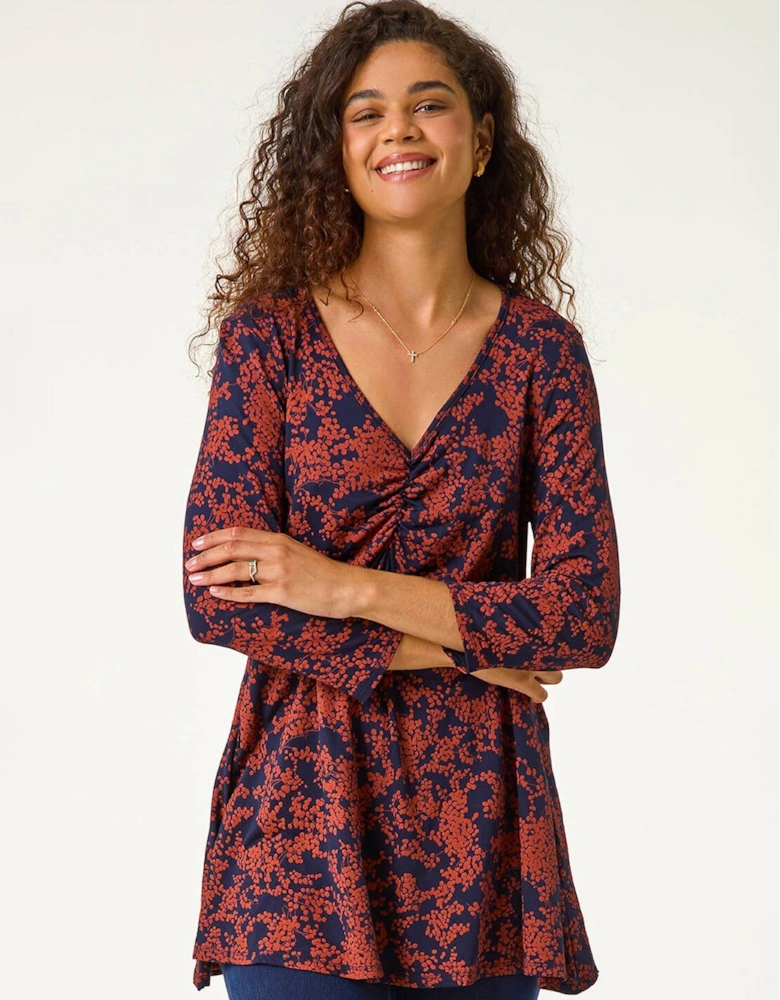 Printed Ruched Front Hanky Top - Brown