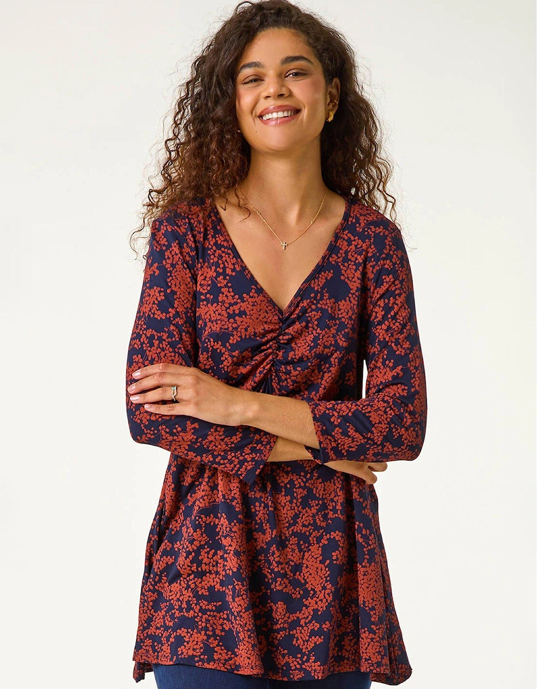 Printed Ruched Front Hanky Top - Brown, 2 of 1