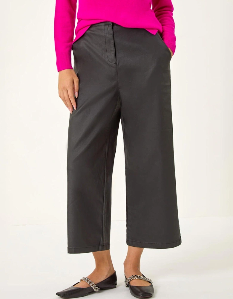 Coated Wide Leg Cropped Trouser - Black