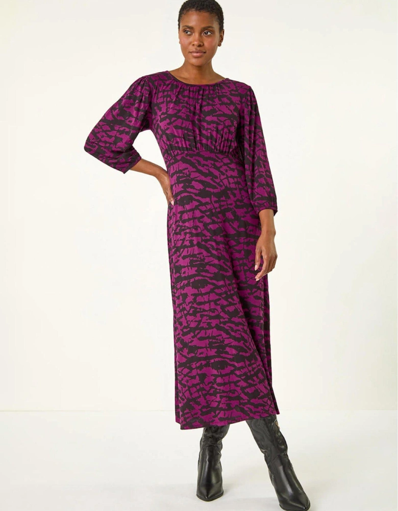 Abstract Print Gathered Stretch Midi Dress - Purple