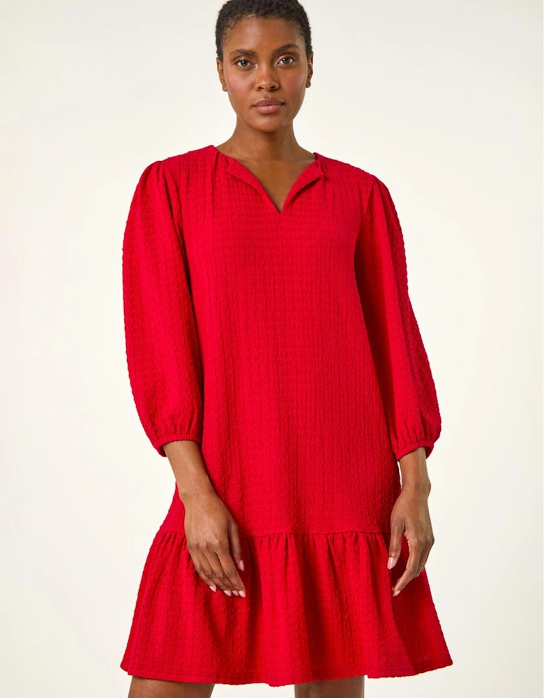 Textured V-neck Frill Hem Smock Dress - Red