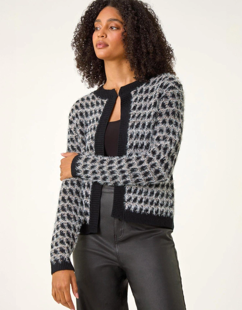 Textured Pattern Fluffy Knit Cardigan - Black