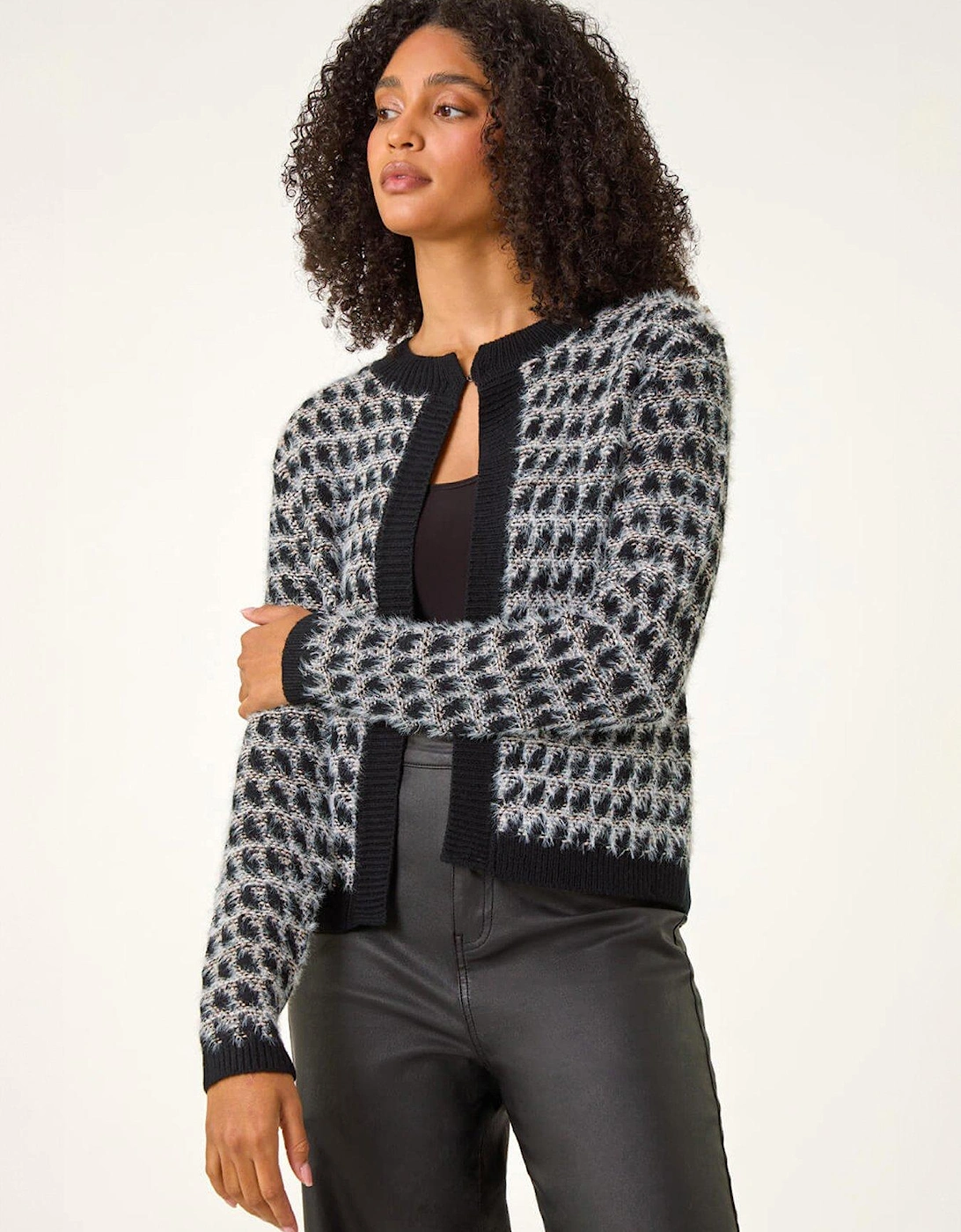 Textured Pattern Fluffy Knit Cardigan - Black, 2 of 1