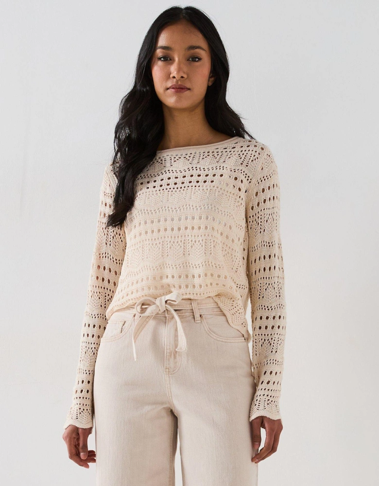 Long Sleeve Boatneck Knitted Pullover - Beige