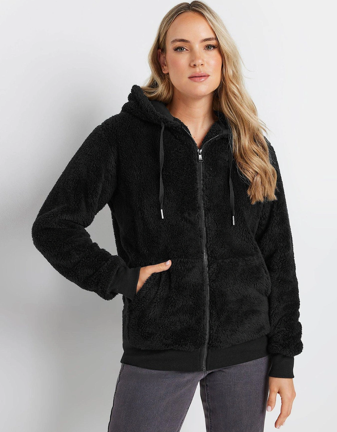 Tall Check Feather Fleece Zip Thru Hoodie - Black, 2 of 1